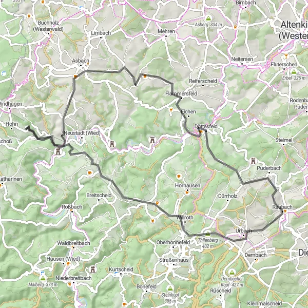 Karten-Miniaturansicht der Radinspiration "Die Runde um Vettelschoß" in Koblenz, Germany. Erstellt vom Tarmacs.app-Routenplaner für Radtouren