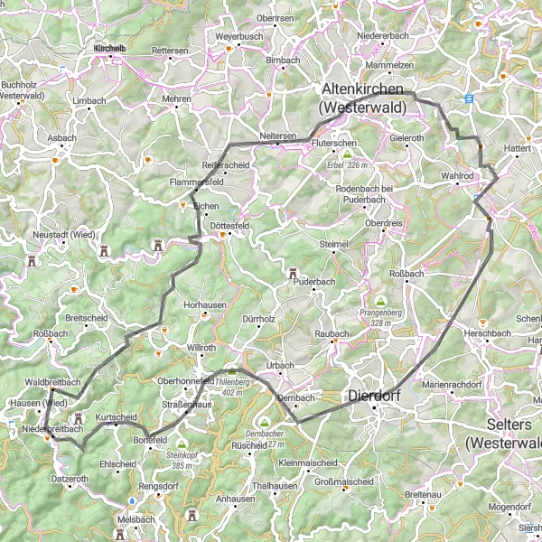 Map miniature of "Westerwald Delight" cycling inspiration in Koblenz, Germany. Generated by Tarmacs.app cycling route planner