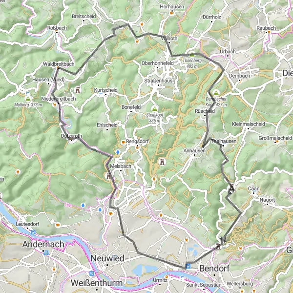 Map miniature of "Wiedtal Loop" cycling inspiration in Koblenz, Germany. Generated by Tarmacs.app cycling route planner