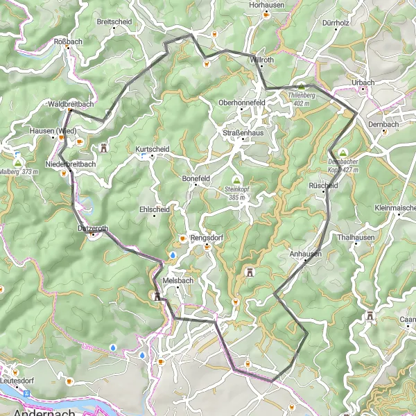Map miniature of "The Scenic Road" cycling inspiration in Koblenz, Germany. Generated by Tarmacs.app cycling route planner