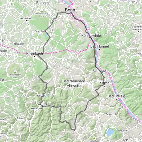 Karten-Miniaturansicht der Radinspiration "Altenahr und Bonn Rennradtour" in Koblenz, Germany. Erstellt vom Tarmacs.app-Routenplaner für Radtouren