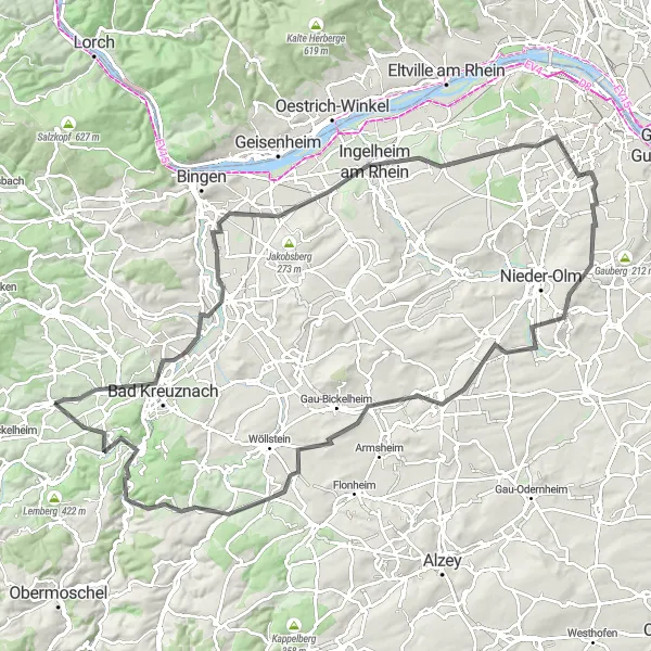 Map miniature of "Kreuznach Circuit" cycling inspiration in Koblenz, Germany. Generated by Tarmacs.app cycling route planner