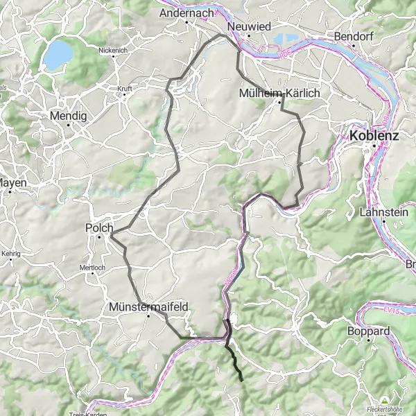 Karten-Miniaturansicht der Radinspiration "Panoramische Koblenz-Fahrt" in Koblenz, Germany. Erstellt vom Tarmacs.app-Routenplaner für Radtouren