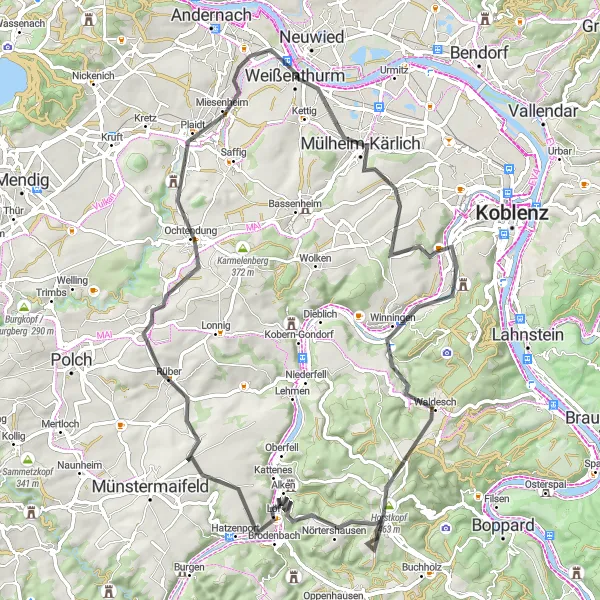 Map miniature of "The Moselle Valley Loop" cycling inspiration in Koblenz, Germany. Generated by Tarmacs.app cycling route planner