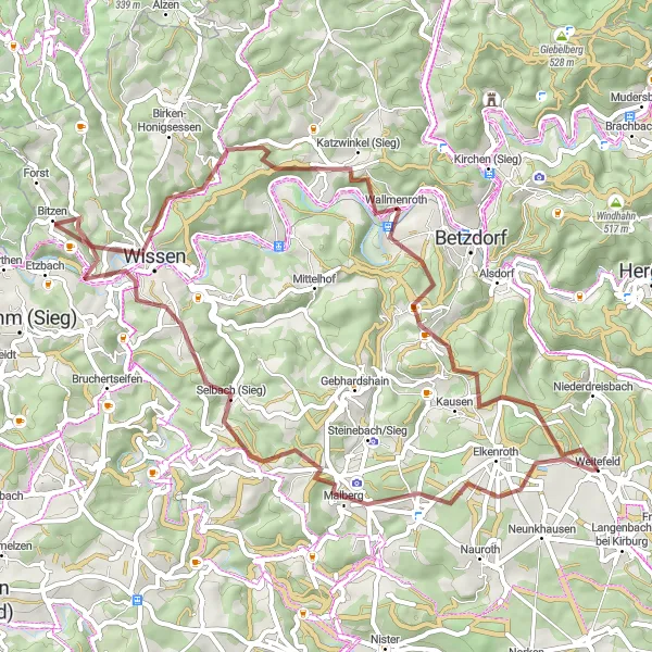 Map miniature of "Gravel adventure to Barbaraturm and Malberg" cycling inspiration in Koblenz, Germany. Generated by Tarmacs.app cycling route planner