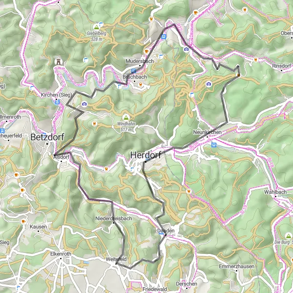 Karten-Miniaturansicht der Radinspiration "Niederdreisbach-Rundtour" in Koblenz, Germany. Erstellt vom Tarmacs.app-Routenplaner für Radtouren
