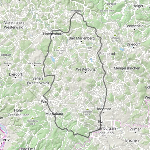 Karten-Miniaturansicht der Radinspiration "Road-Tour durch das Umland von Weitefeld" in Koblenz, Germany. Erstellt vom Tarmacs.app-Routenplaner für Radtouren