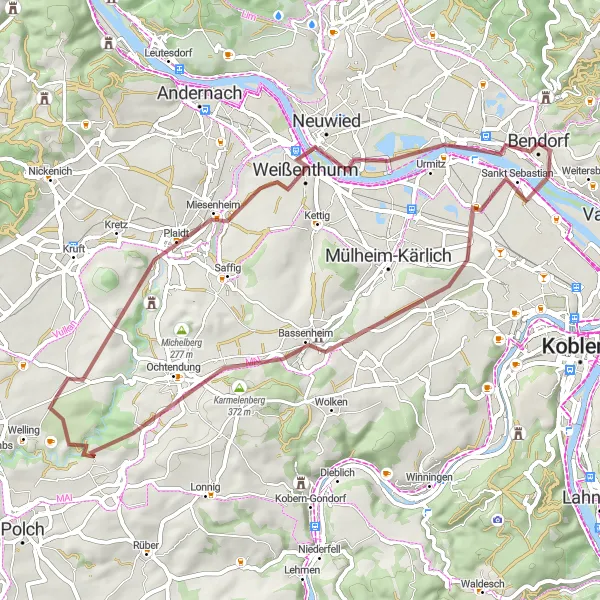 Map miniature of "The Adventurous Gravel Trail" cycling inspiration in Koblenz, Germany. Generated by Tarmacs.app cycling route planner