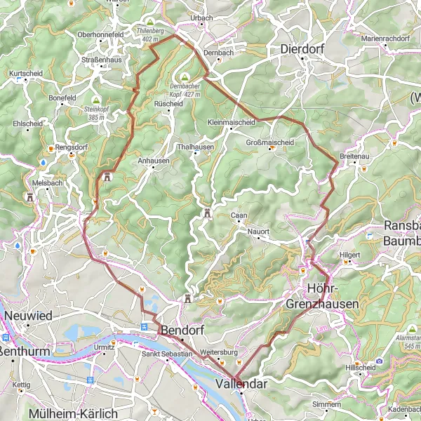 Map miniature of "Castles and Countryside Gravel Adventure" cycling inspiration in Koblenz, Germany. Generated by Tarmacs.app cycling route planner
