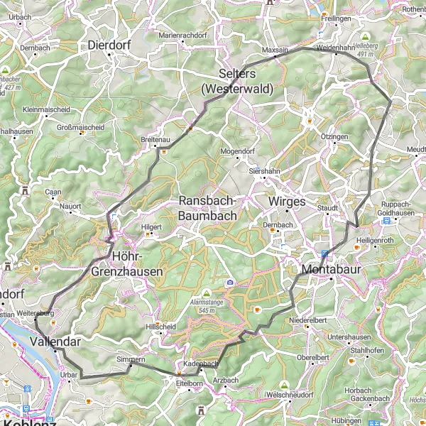 Map miniature of "Discovering the Westerwald" cycling inspiration in Koblenz, Germany. Generated by Tarmacs.app cycling route planner