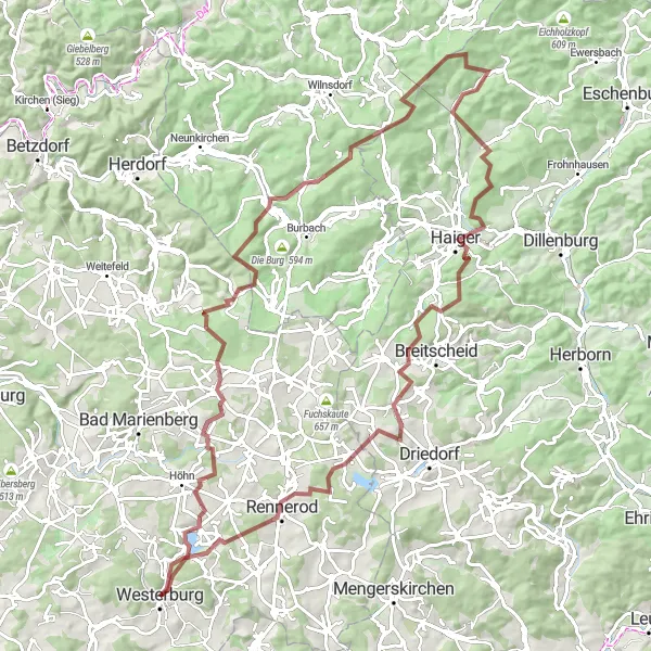 Karten-Miniaturansicht der Radinspiration "Fehl-Ritzhausen-Rennerod-Rundweg" in Koblenz, Germany. Erstellt vom Tarmacs.app-Routenplaner für Radtouren