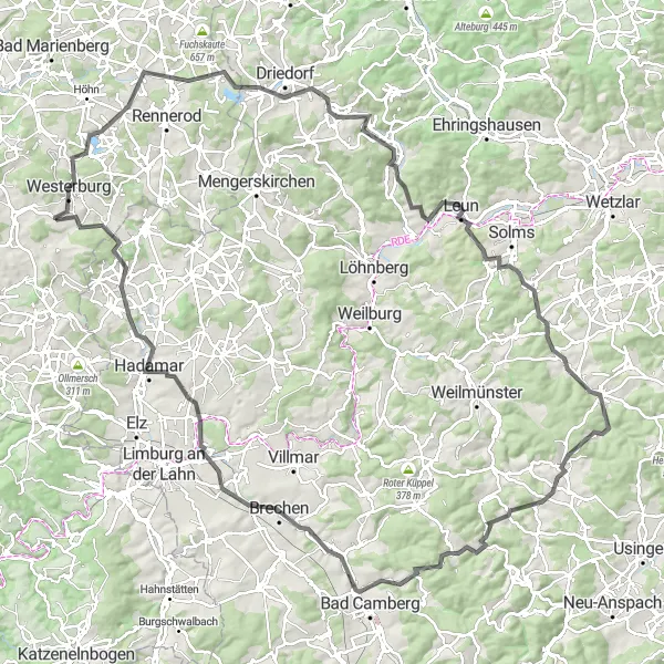 Karten-Miniaturansicht der Radinspiration "Westerburg-Hadamar-Dornburg-Rundweg" in Koblenz, Germany. Erstellt vom Tarmacs.app-Routenplaner für Radtouren