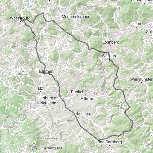 Karten-Miniaturansicht der Radinspiration "Bölgenstein-Dornburg-Berzhahn-Rundweg" in Koblenz, Germany. Erstellt vom Tarmacs.app-Routenplaner für Radtouren