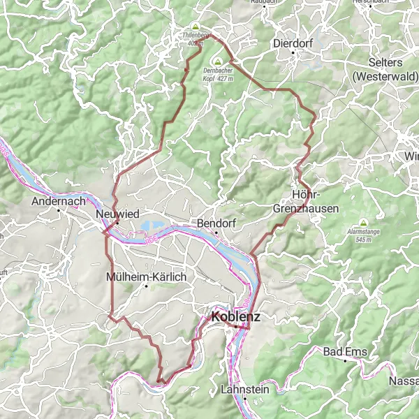 Map miniature of "Historical Gravel Loop" cycling inspiration in Koblenz, Germany. Generated by Tarmacs.app cycling route planner