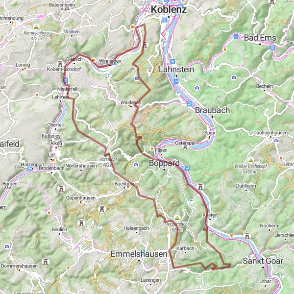 Karten-Miniaturansicht der Radinspiration "Gravel-Tour durch die Natur um Winningen" in Koblenz, Germany. Erstellt vom Tarmacs.app-Routenplaner für Radtouren