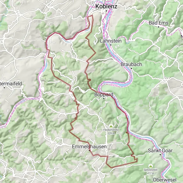 Map miniature of "Rhein-Mosel Adventure" cycling inspiration in Koblenz, Germany. Generated by Tarmacs.app cycling route planner