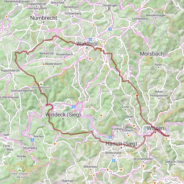 Map miniature of "Wissen to Hamm (Sieg) Gravel Route" cycling inspiration in Koblenz, Germany. Generated by Tarmacs.app cycling route planner
