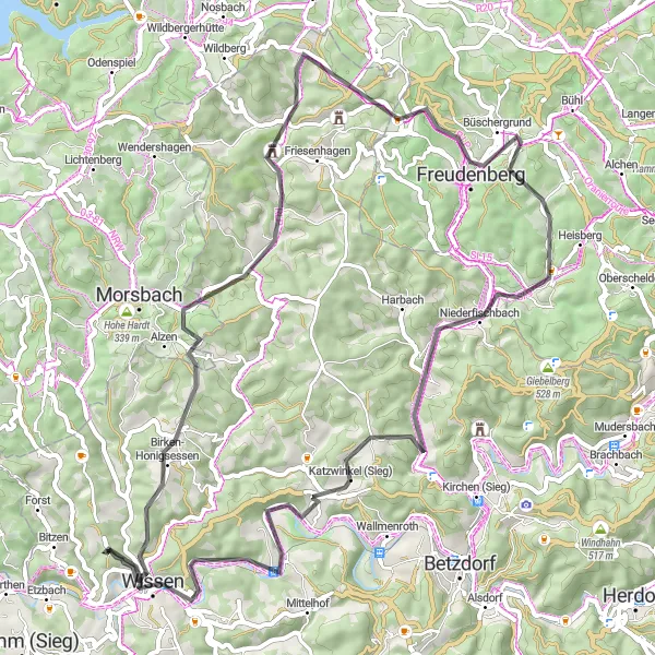 Map miniature of "The Sieg River Loop" cycling inspiration in Koblenz, Germany. Generated by Tarmacs.app cycling route planner