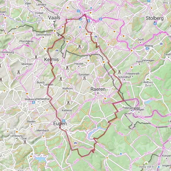 Map miniature of "Gravel Adventure to the Borderlands" cycling inspiration in Köln, Germany. Generated by Tarmacs.app cycling route planner