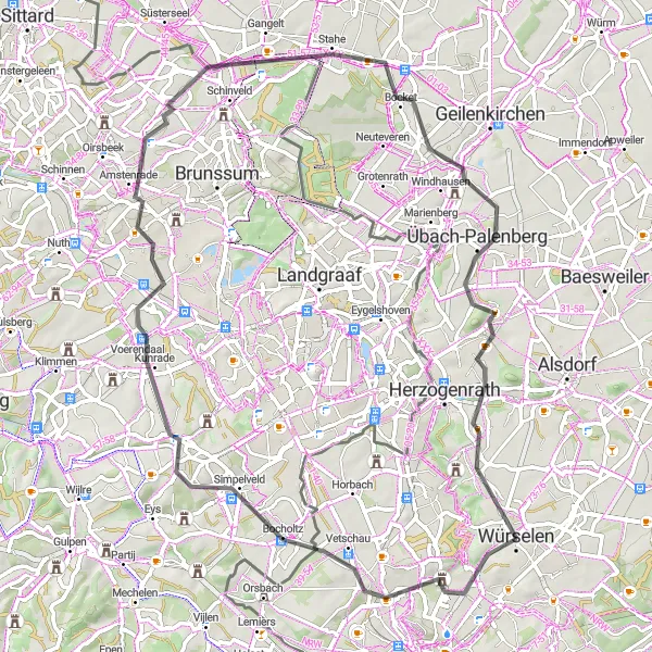 Map miniature of "Road Route to Gangelt" cycling inspiration in Köln, Germany. Generated by Tarmacs.app cycling route planner