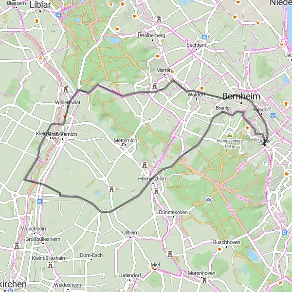 Map miniature of "Road Cycling Route near Alfter" cycling inspiration in Köln, Germany. Generated by Tarmacs.app cycling route planner