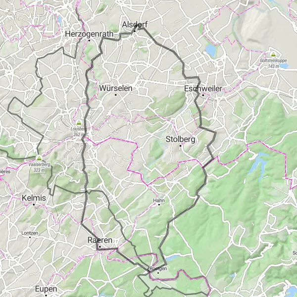 Map miniature of "Hills and Valleys" cycling inspiration in Köln, Germany. Generated by Tarmacs.app cycling route planner