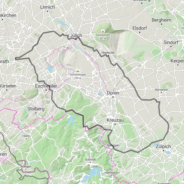 Map miniature of "Hills and Castles" cycling inspiration in Köln, Germany. Generated by Tarmacs.app cycling route planner