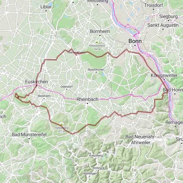 Map miniature of "Exploring the Hills and Valleys" cycling inspiration in Köln, Germany. Generated by Tarmacs.app cycling route planner