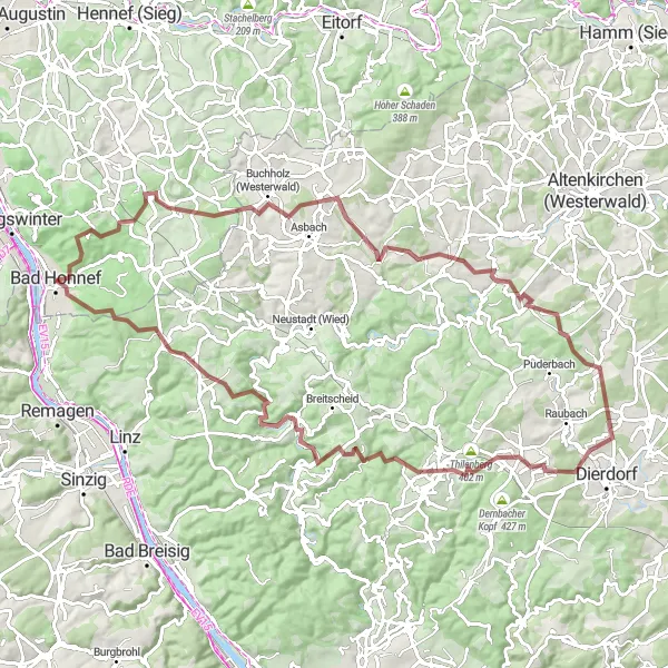 Map miniature of "Westerwald Gravel Adventure" cycling inspiration in Köln, Germany. Generated by Tarmacs.app cycling route planner