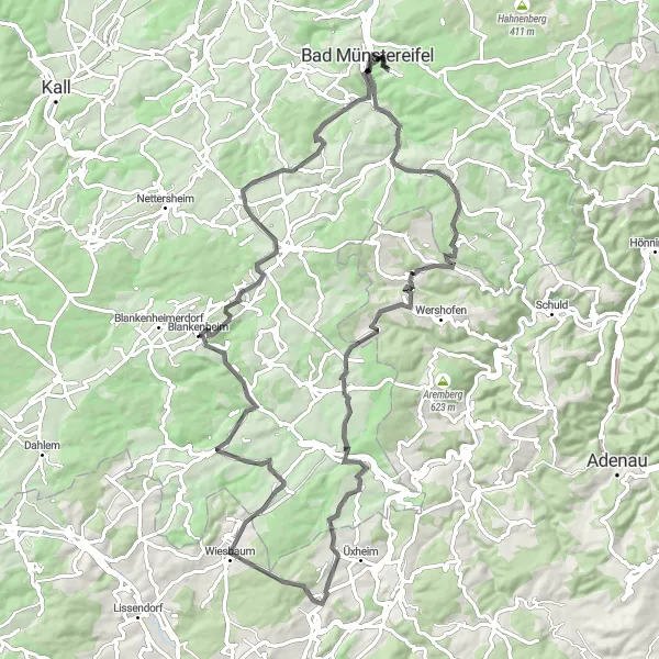 Map miniature of "Challenging Road Tour from Bad Münstereifel" cycling inspiration in Köln, Germany. Generated by Tarmacs.app cycling route planner