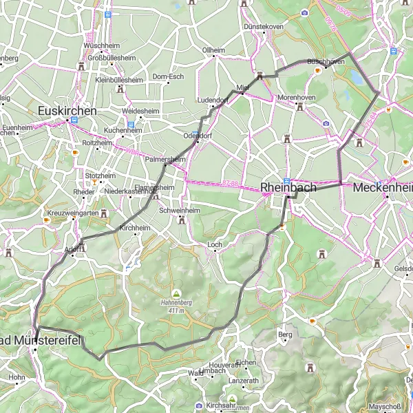 Map miniature of "The Scenic Road Loop near Bad Münstereifel" cycling inspiration in Köln, Germany. Generated by Tarmacs.app cycling route planner