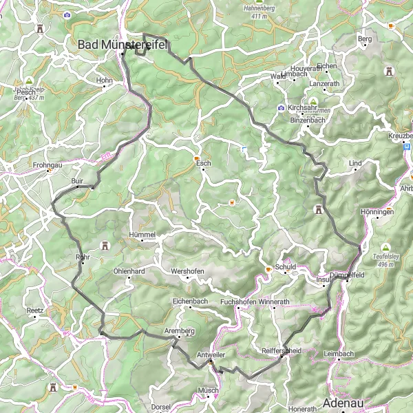 Karten-Miniaturansicht der Radinspiration "Herausfordernde Tour rund um Bad Münstereifel" in Köln, Germany. Erstellt vom Tarmacs.app-Routenplaner für Radtouren