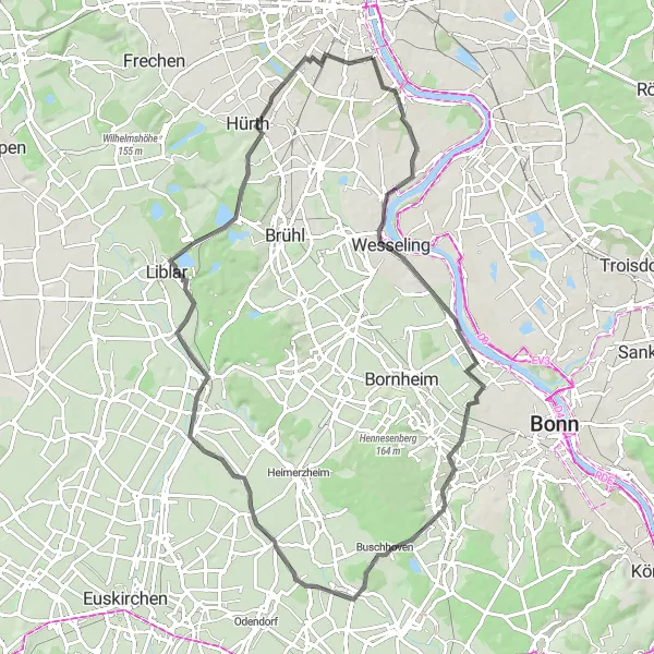 Map miniature of "Road Loop through Bayenthal and Beyond" cycling inspiration in Köln, Germany. Generated by Tarmacs.app cycling route planner