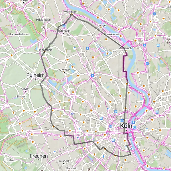 Karten-Miniaturansicht der Radinspiration "Rheinufer und grüne Oasen" in Köln, Germany. Erstellt vom Tarmacs.app-Routenplaner für Radtouren