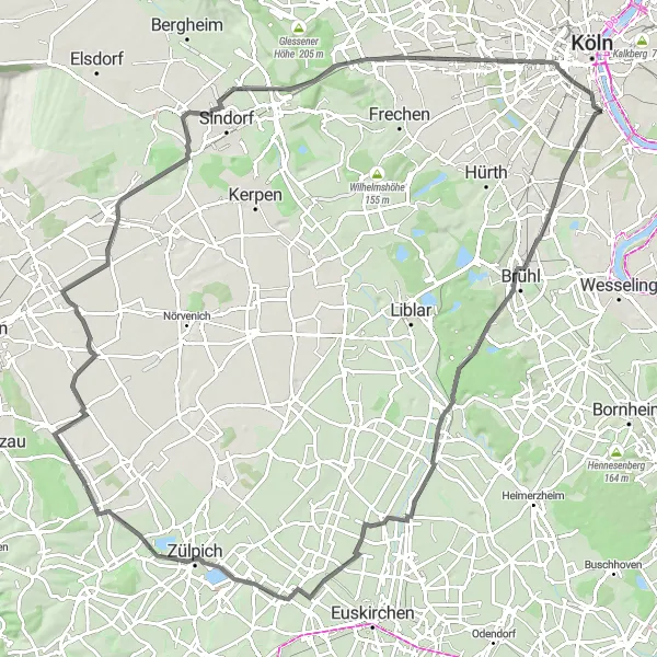 Map miniature of "Scenic Road Journey to Brühl" cycling inspiration in Köln, Germany. Generated by Tarmacs.app cycling route planner