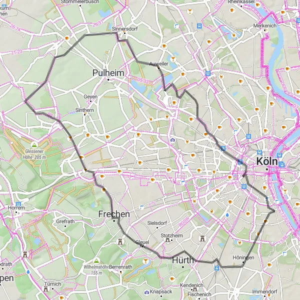 Map miniature of "Road Cycling in the Outskirts of Cologne" cycling inspiration in Köln, Germany. Generated by Tarmacs.app cycling route planner