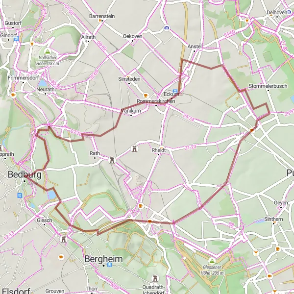 Map miniature of "Rommerskirchen Gravel Adventure" cycling inspiration in Köln, Germany. Generated by Tarmacs.app cycling route planner