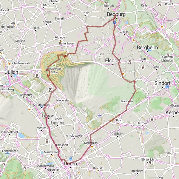 Map miniature of "Elsdorf to Bedburg Explorer" cycling inspiration in Köln, Germany. Generated by Tarmacs.app cycling route planner