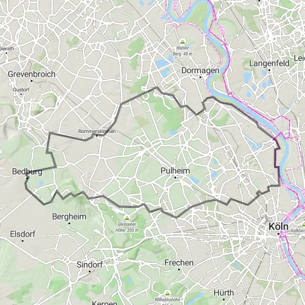 Map miniature of "Hills and Beauty" cycling inspiration in Köln, Germany. Generated by Tarmacs.app cycling route planner