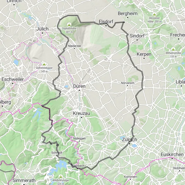 Karten-Miniaturansicht der Radinspiration "Köln und Nideggen Rundfahrt" in Köln, Germany. Erstellt vom Tarmacs.app-Routenplaner für Radtouren