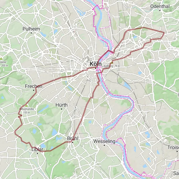 Map miniature of "Grand cycling adventure from Bergisch Gladbach to Köln Triangle, Deutz, Brühl, and Cologne" cycling inspiration in Köln, Germany. Generated by Tarmacs.app cycling route planner