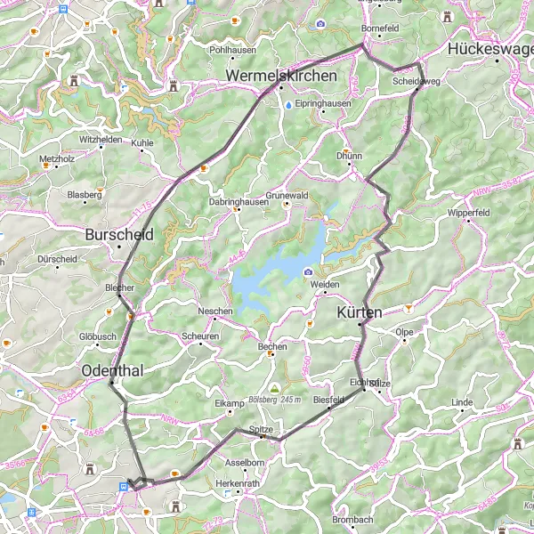 Map miniature of "The Burscheid Loop" cycling inspiration in Köln, Germany. Generated by Tarmacs.app cycling route planner