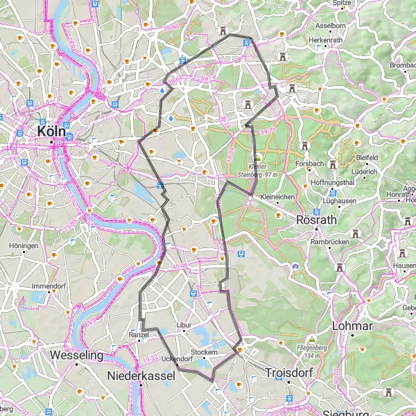 Map miniature of "Road cycling adventure from Bergisch Gladbach to Motte Kippekausen, Kleiner Steinberg, Spich, Porz, and Dellbrück" cycling inspiration in Köln, Germany. Generated by Tarmacs.app cycling route planner