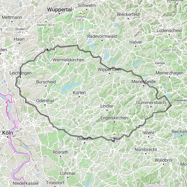 Map miniature of "Scenic Road Escape" cycling inspiration in Köln, Germany. Generated by Tarmacs.app cycling route planner