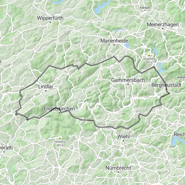 Karten-Miniaturansicht der Radinspiration "Idyllische Radtour im Oberbergischen" in Köln, Germany. Erstellt vom Tarmacs.app-Routenplaner für Radtouren