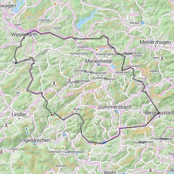 Map miniature of "Bergneustadt-Niederseßmar Loop" cycling inspiration in Köln, Germany. Generated by Tarmacs.app cycling route planner