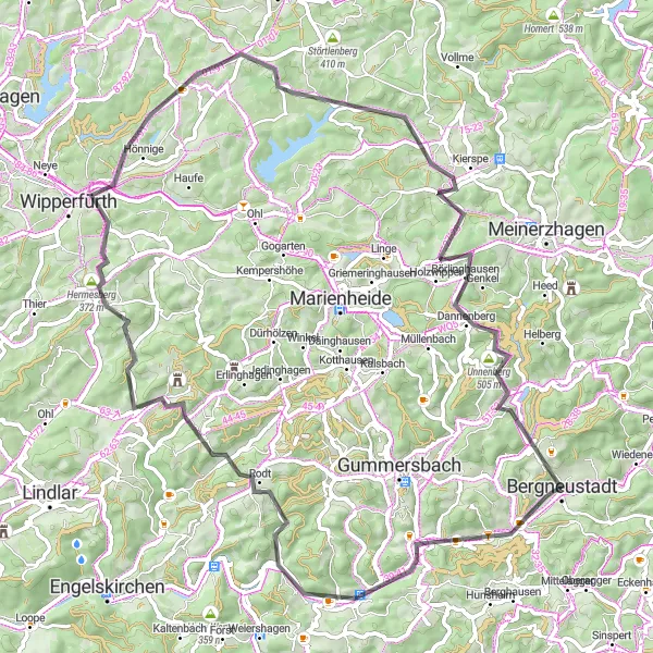 Map miniature of "Bergneustadt-Lobscheider Berg Loop" cycling inspiration in Köln, Germany. Generated by Tarmacs.app cycling route planner