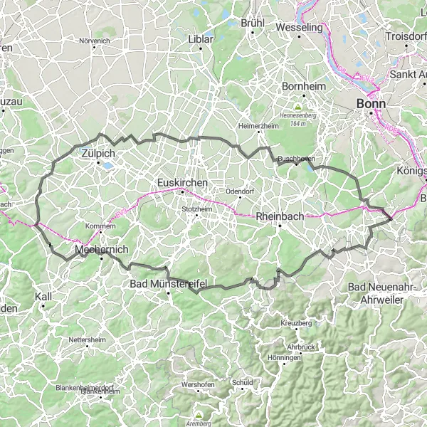 Karten-Miniaturansicht der Radinspiration "Große Wachtberg Rundfahrt" in Köln, Germany. Erstellt vom Tarmacs.app-Routenplaner für Radtouren
