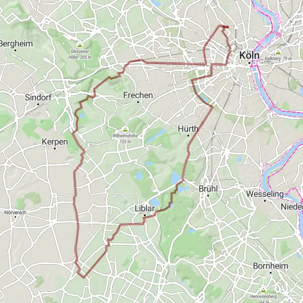 Map miniature of "Hidden Gems of Gravel" cycling inspiration in Köln, Germany. Generated by Tarmacs.app cycling route planner