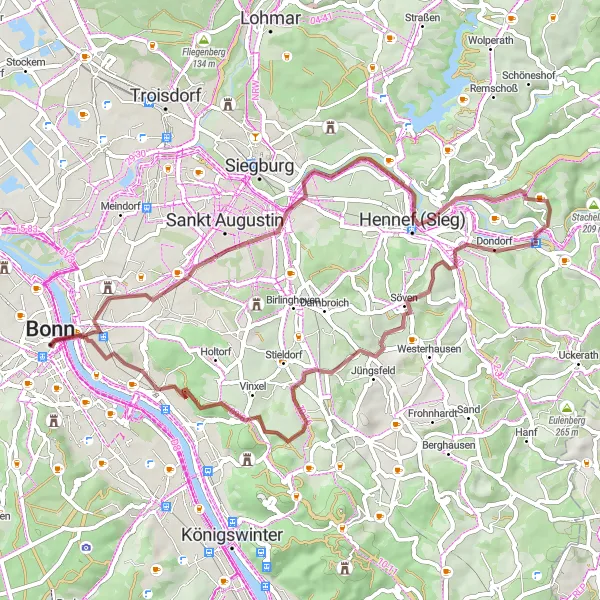Karten-Miniaturansicht der Radinspiration "Gravelroute von Bonn über Hennef und Schießberg" in Köln, Germany. Erstellt vom Tarmacs.app-Routenplaner für Radtouren
